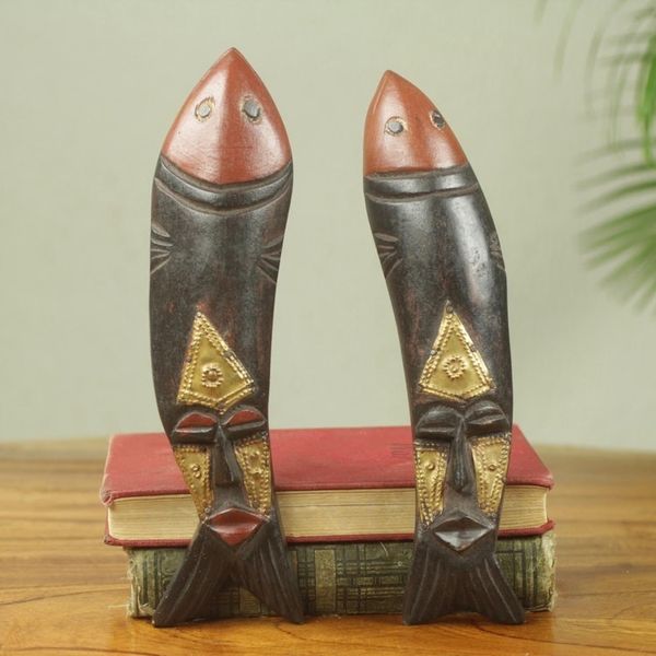 Alternate image for Artisan Crafted Fish Theme African Masks Pair Brother Fish