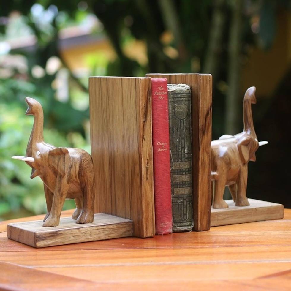 Hand Carved Wood Bookends from Africa Pair 'Good Luck Elephant'