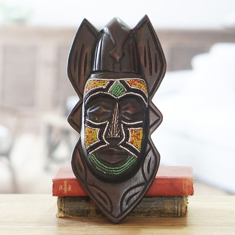 Recycled Glass Beaded African Wood Dove Mask from Ghana 'Dove Anoma Ba'