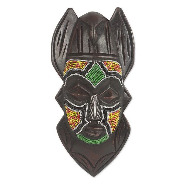 Alternate image for Recycled Glass Beaded African Wood Dove Mask from Ghana Dove Anoma Ba