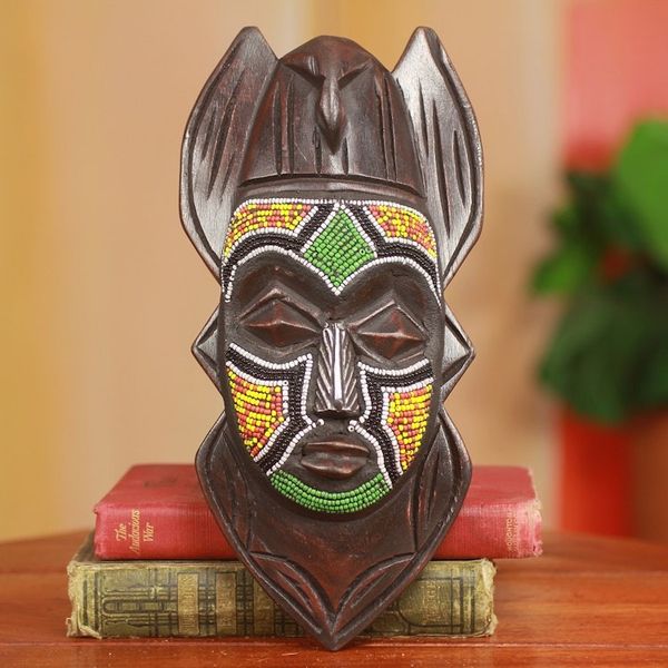 Alternate image for Recycled Glass Beaded African Wood Dove Mask from Ghana Dove Anoma Ba