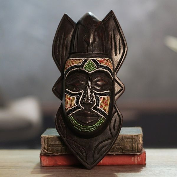 Alternate image for Recycled Glass Beaded African Wood Dove Mask from Ghana Dove Anoma Ba