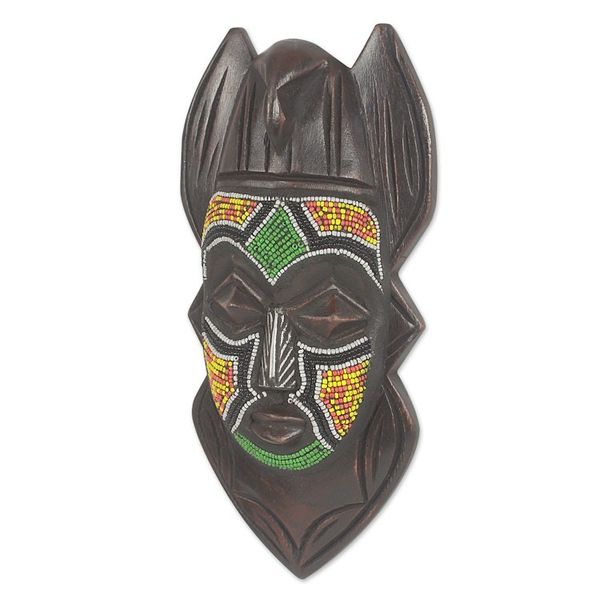Alternate image for Recycled Glass Beaded African Wood Dove Mask from Ghana Dove Anoma Ba