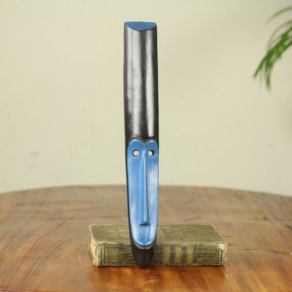 Hand Carved Blue and Black Wood Monkey Mask from Ghana 'Blue Adoo'