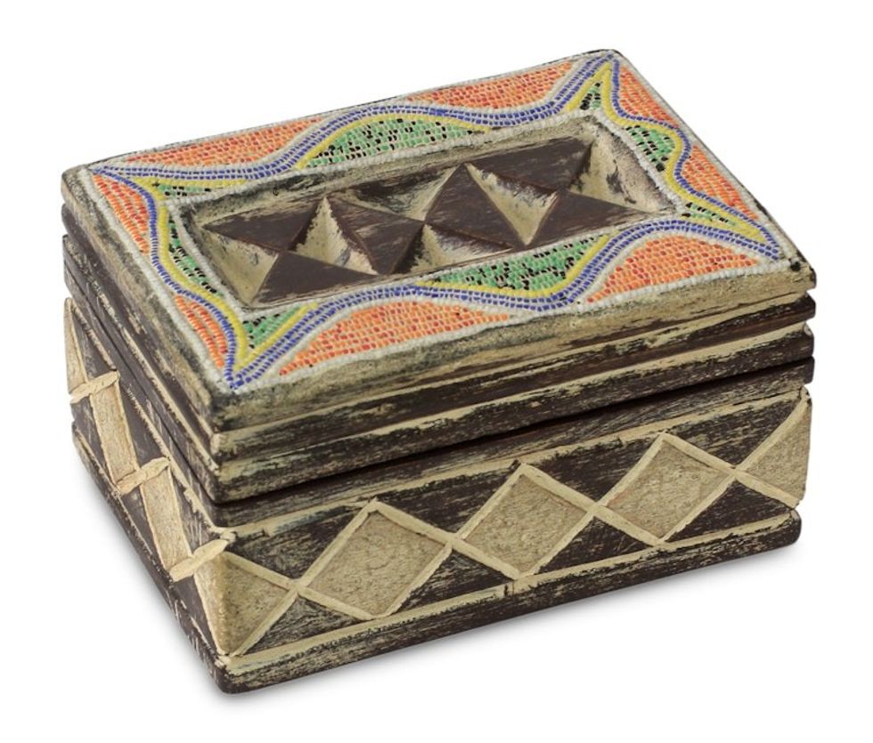 West African Beaded Wood Jewelry Box 'Ghana Tradition'