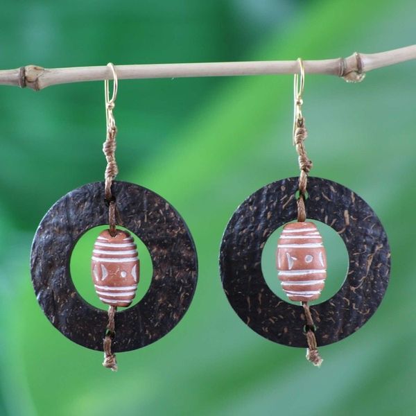 Alternate image for Handmade African Coconut Shell Dangle Earrings Medieval Hoops