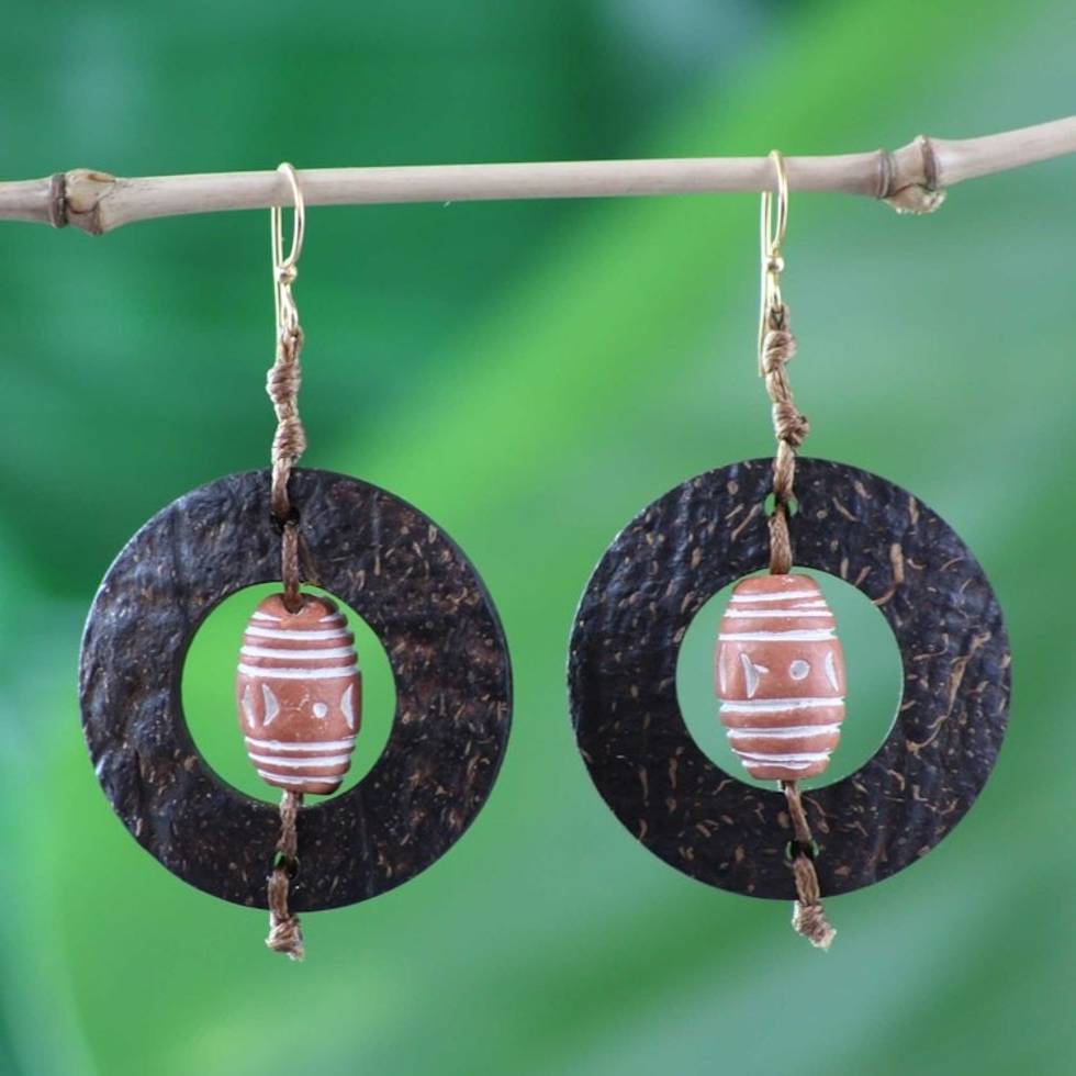 Handmade African Coconut Shell Dangle Earrings 'Medieval Hoops'