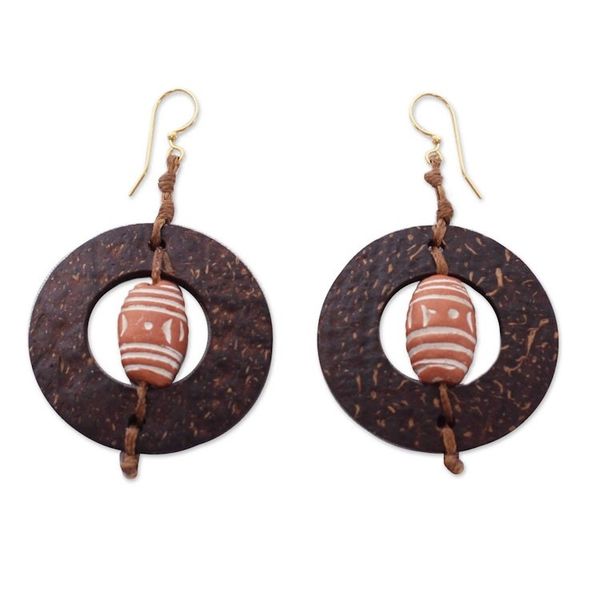 Alternate image for Handmade African Coconut Shell Dangle Earrings Medieval Hoops
