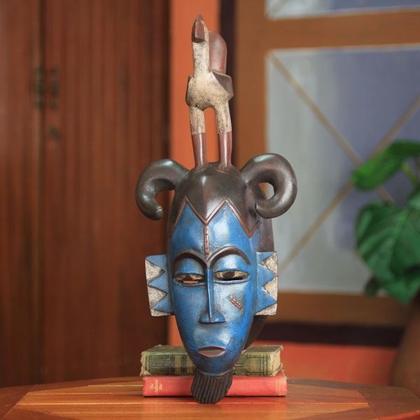 Alternate image for Blue African Mask with Bird Guro Rooster