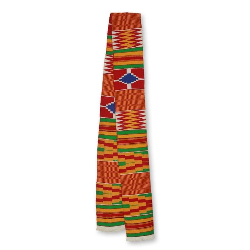 1 Strip Handwoven Red Yellow Green African Kente Scarf 'Shield'