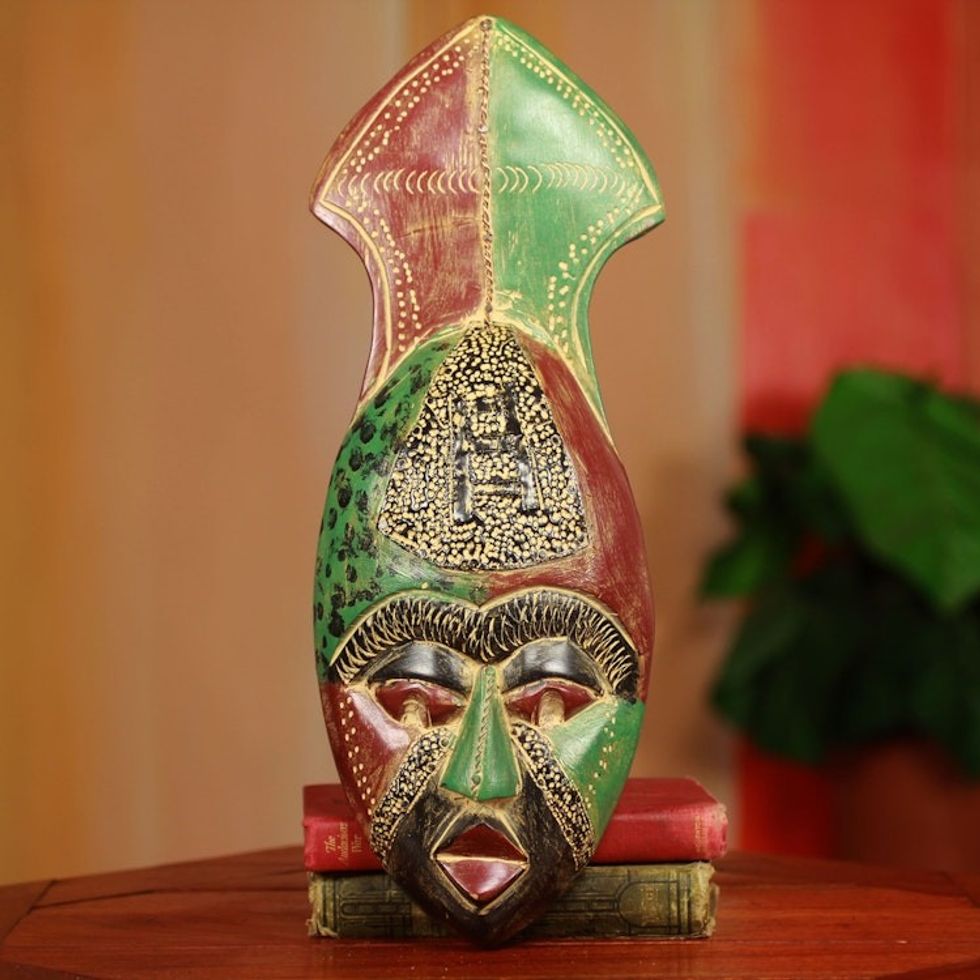 Red and Green Hand Carved African Mask from Ghana 'Mortality'