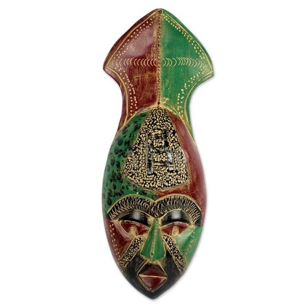 Alternate image for Red and Green Hand Carved African Mask from Ghana Mortality