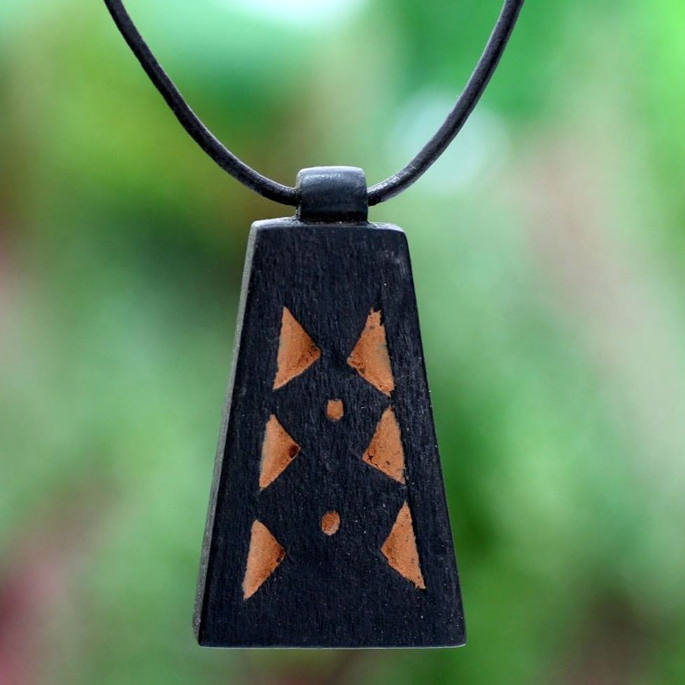 Men's Hand Crafted Leather and Wood Pendant Necklace 'Between Pyramids'