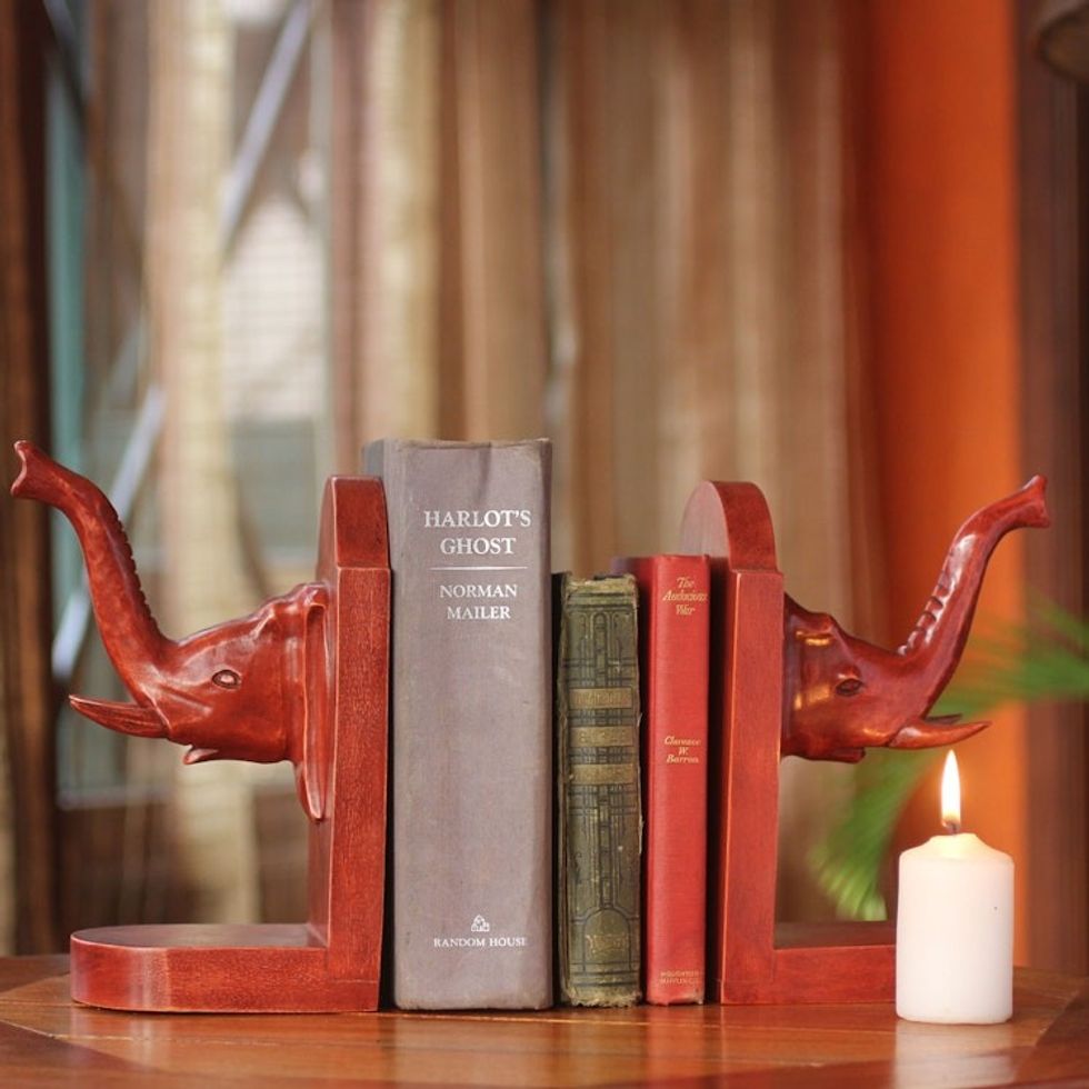 Hand Carved Cedar Wood Bookends Pair 'Elephant Guardian'