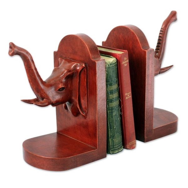 Alternate image for Hand Carved Cedar Wood Bookends Pair Elephant Guardian