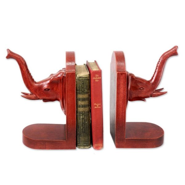 Alternate image for Hand Carved Cedar Wood Bookends Pair Elephant Guardian