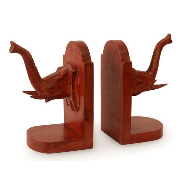 Alternate image for Hand Carved Cedar Wood Bookends Pair Elephant Guardian
