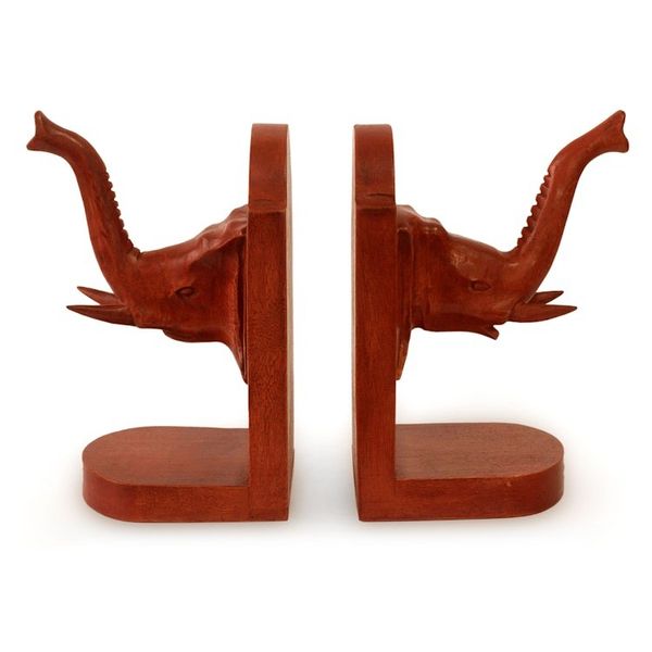 Alternate image for Hand Carved Cedar Wood Bookends Pair Elephant Guardian