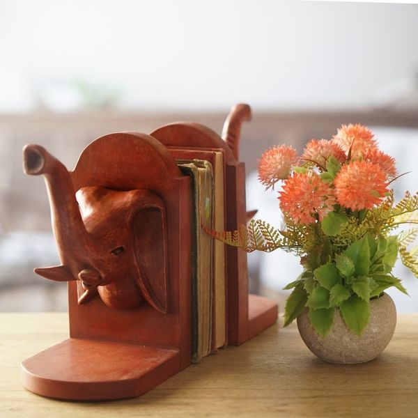 Alternate image for Hand Carved Cedar Wood Bookends Pair Elephant Guardian
