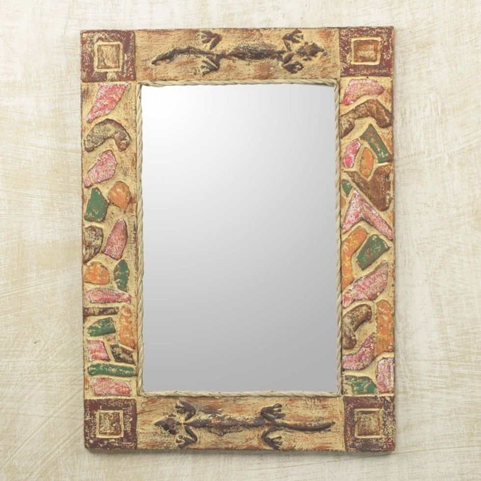 Handmade Rustic Wood Mirror 'African Lizards'