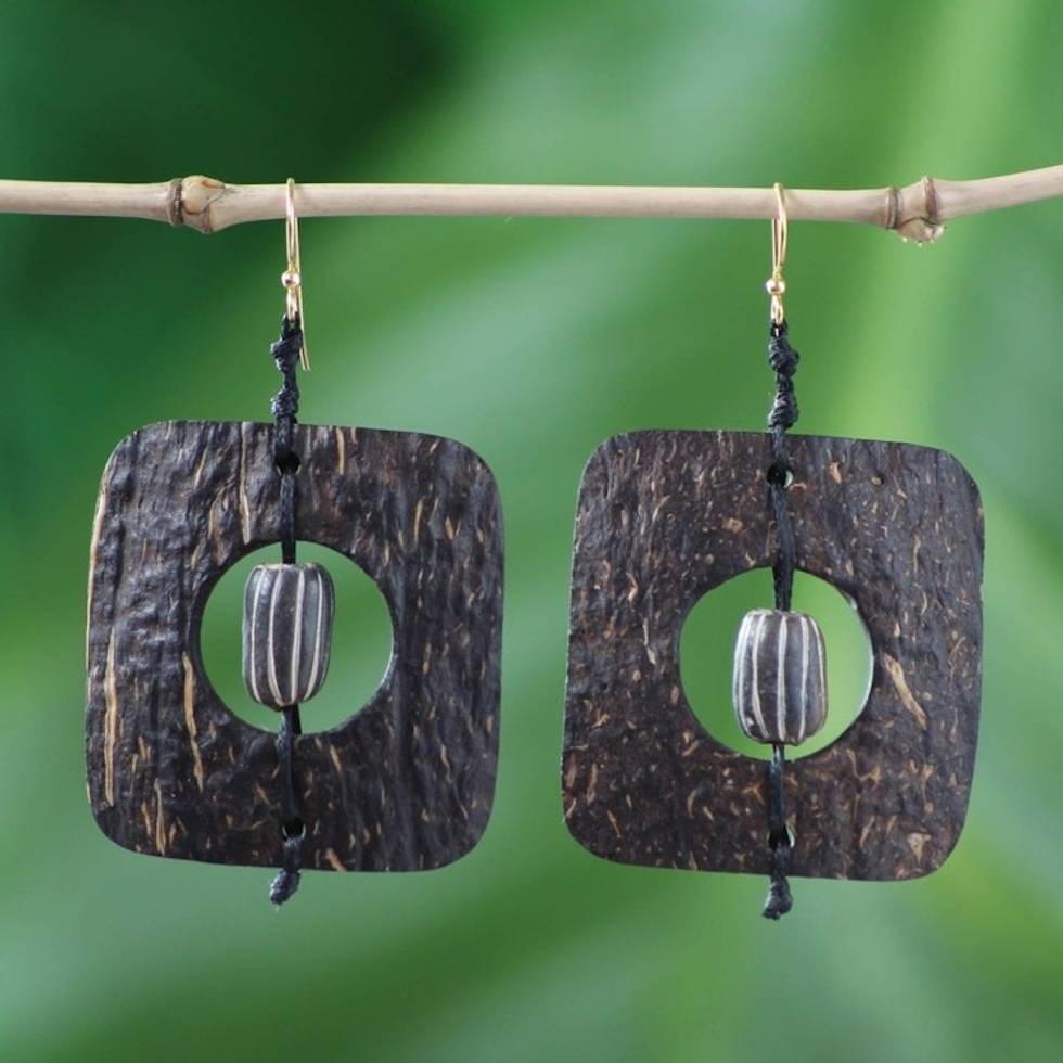 Unique Coconut Shell Dangle Earrings 'Medieval Nature'
