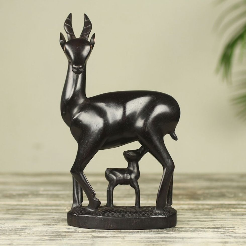 Teak Wood Sculpture of Doe and Fawn from West Africa 'Deer Mother and Child'