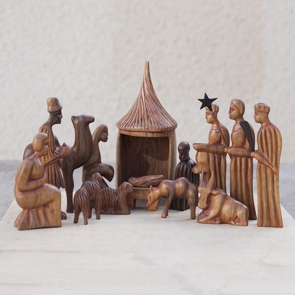 Wood nativity scene 14 Pieces 'Jesus and the African Kings'