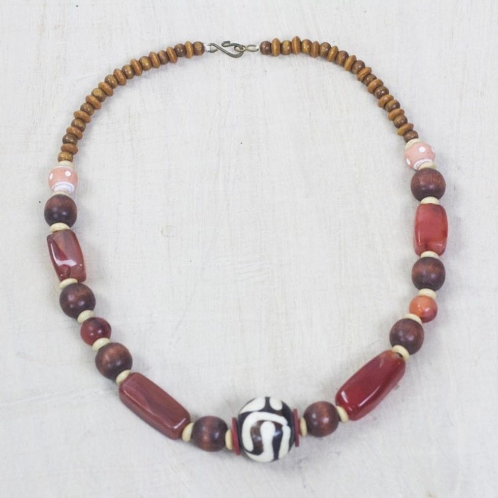 Handcrafted Beaded Agate and Bone Necklace from Africa 'Maneray'