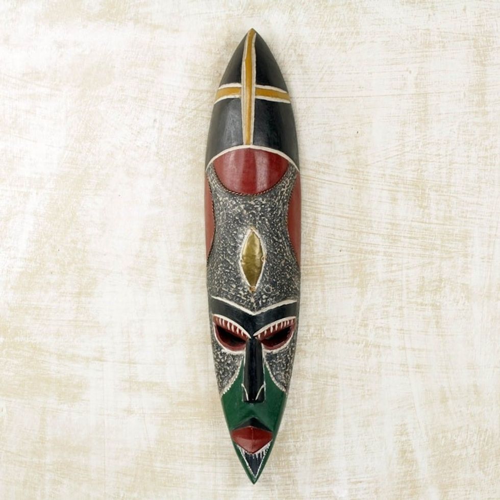 Brass and Copper Inlay Artisan Carved African Mask 'Ghanaian Protector'