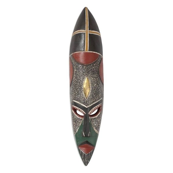Alternate image for Brass and Copper Inlay Artisan Carved African Mask Ghanaian Protector