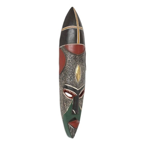 Alternate image for Brass and Copper Inlay Artisan Carved African Mask Ghanaian Protector