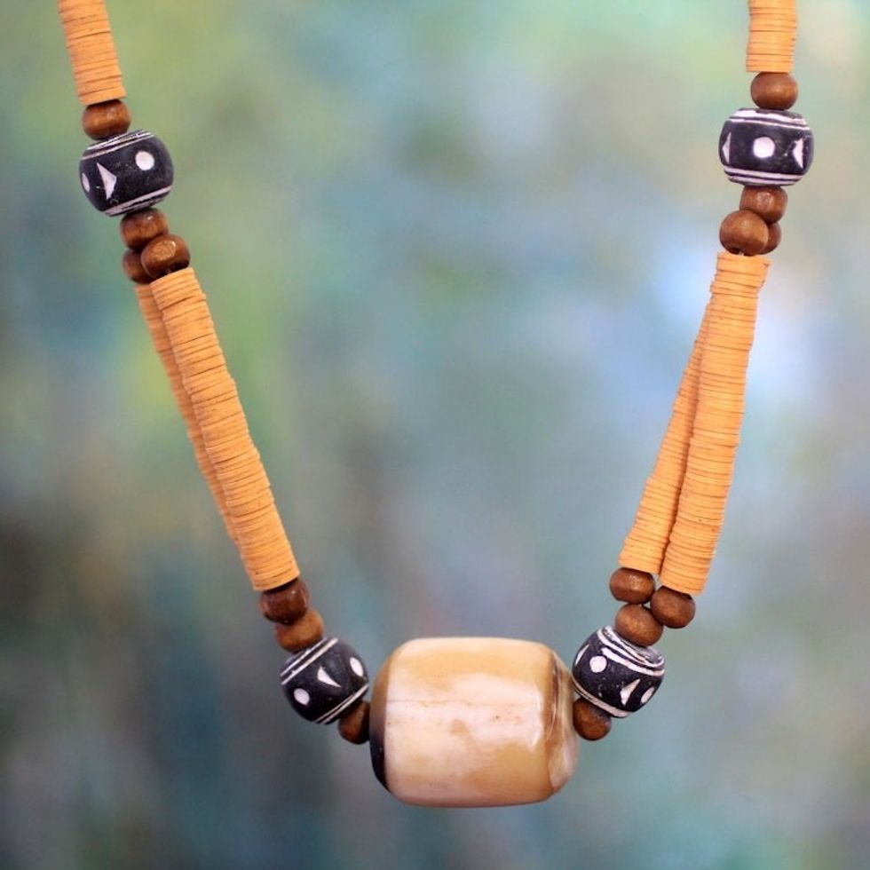 Bone beaded necklace 'Yellow Laafi'