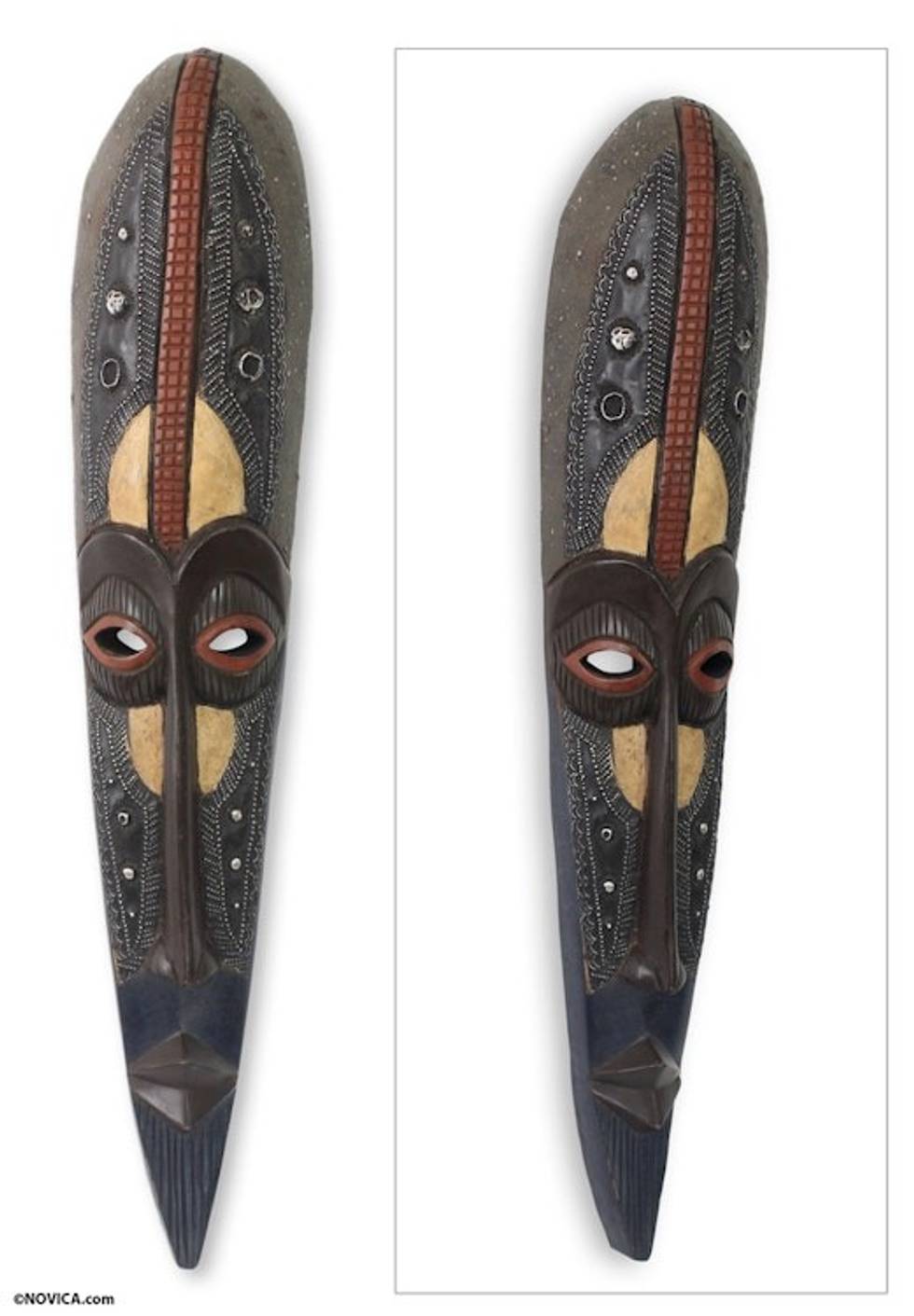 African Mask Hand Carved Wood Aluminum 'Agbeli'