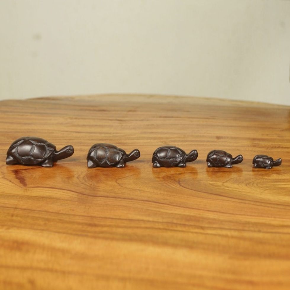 Hand Carved Ebony Wood Turtle Sculptures Set of 5 'Tortoise Family'