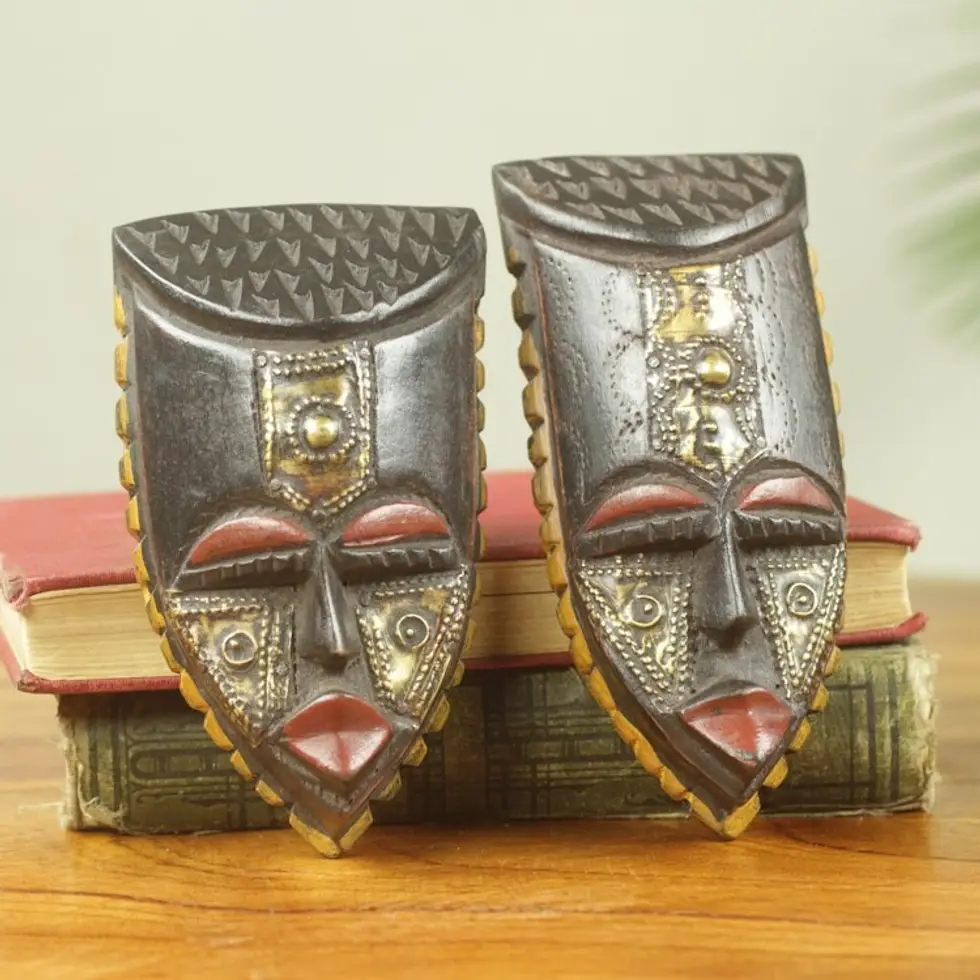 Brass Accented Wood Masks Handmade in Africa Pair 'Passport'
