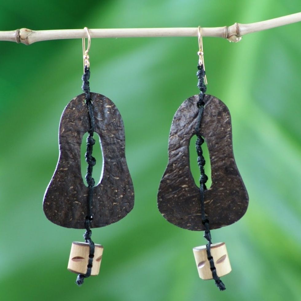 Coconut shell and bamboo dangle earrings 'Medieval Bells'