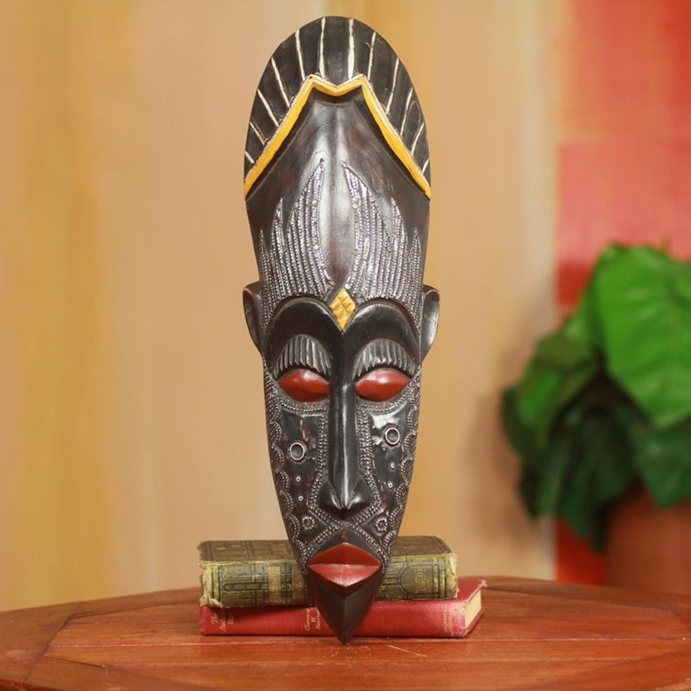 Hand Carved Wood Mask with Embossed Metal Plates 'Amadi'