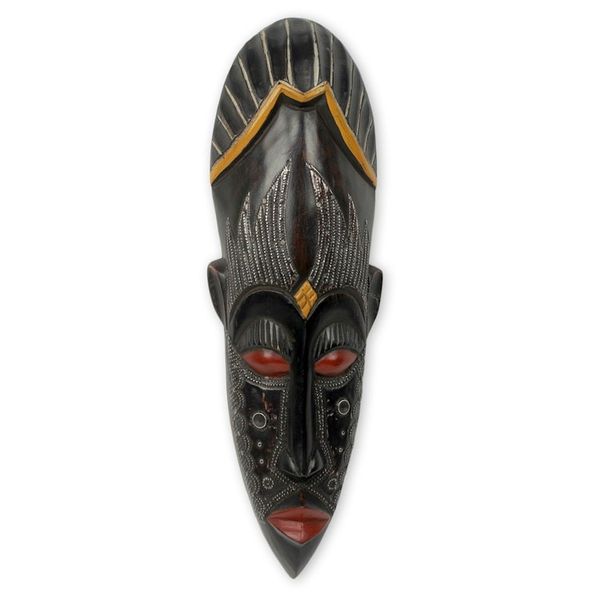 Alternate image for Hand Carved Wood Mask with Embossed Metal Plates Amadi