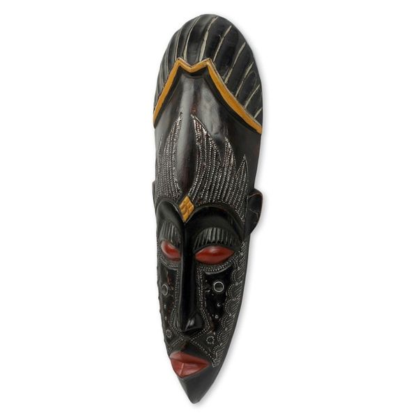 Alternate image for Hand Carved Wood Mask with Embossed Metal Plates Amadi