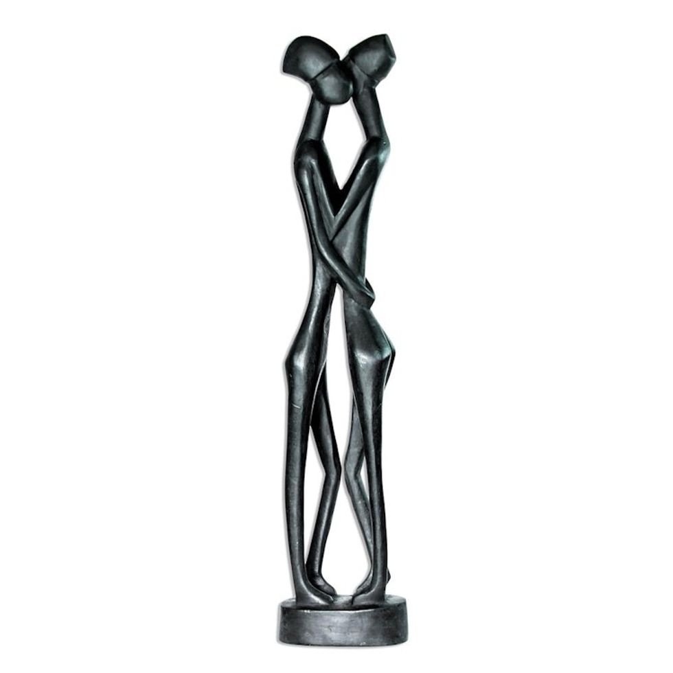 Hand Carved Romantic Wood Sculpture 'Wonderful Lovers'
