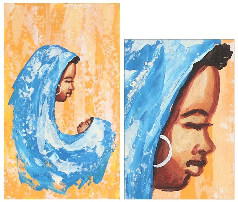 Sweet Mamma in Blue Signed Painting from West Africa 'Sweet Mamma in Blue'