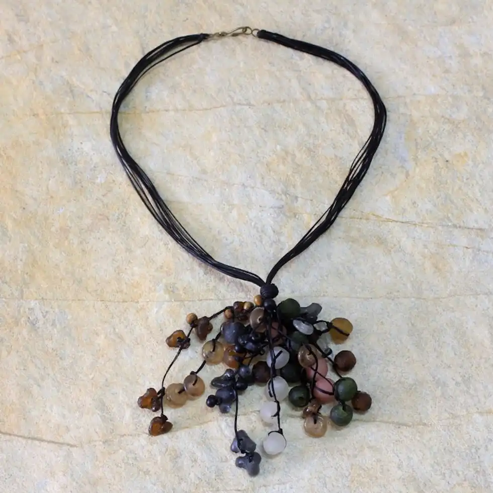 Wood and recycled glass pendant necklace 'Earth Medley'
