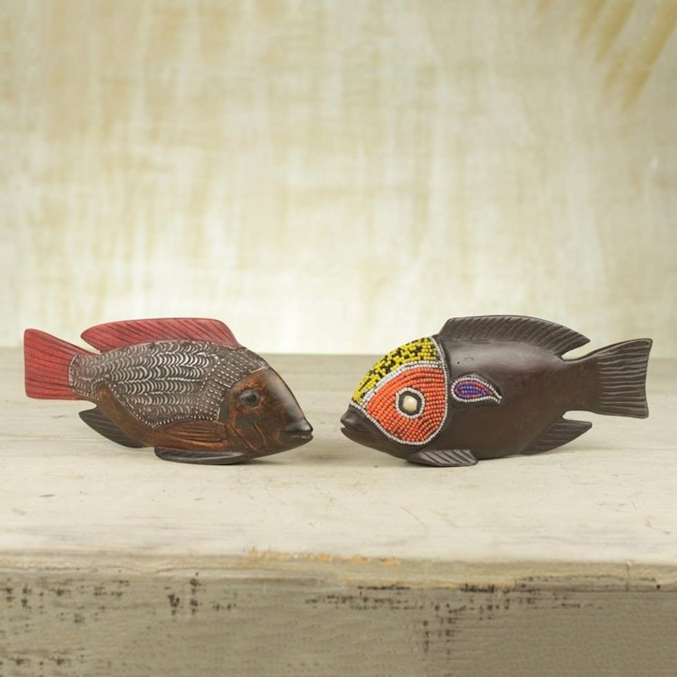 Beaded Wood Sculptures Pair 'African Tilapia Fish'