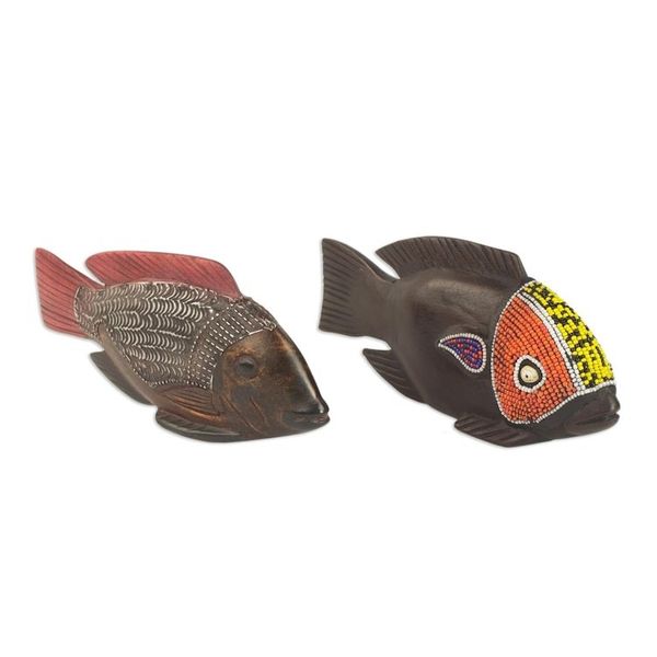 Alternate image for Beaded Wood Sculptures Pair African Tilapia Fish