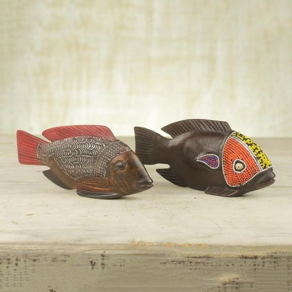 Alternate image for Beaded Wood Sculptures Pair African Tilapia Fish