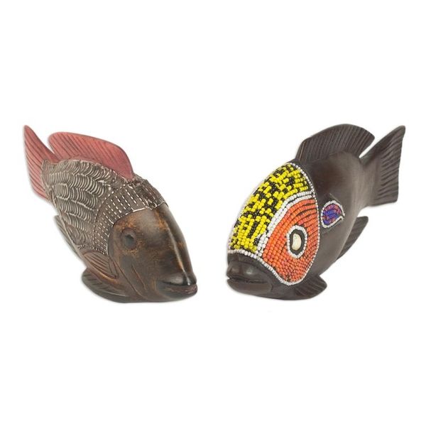 Alternate image for Beaded Wood Sculptures Pair African Tilapia Fish