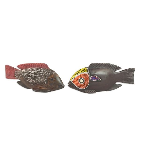 Alternate image for Beaded Wood Sculptures Pair African Tilapia Fish