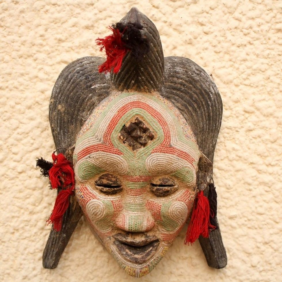 Hand Beaded Congo Zaire Wood Mask 'River Goddess'