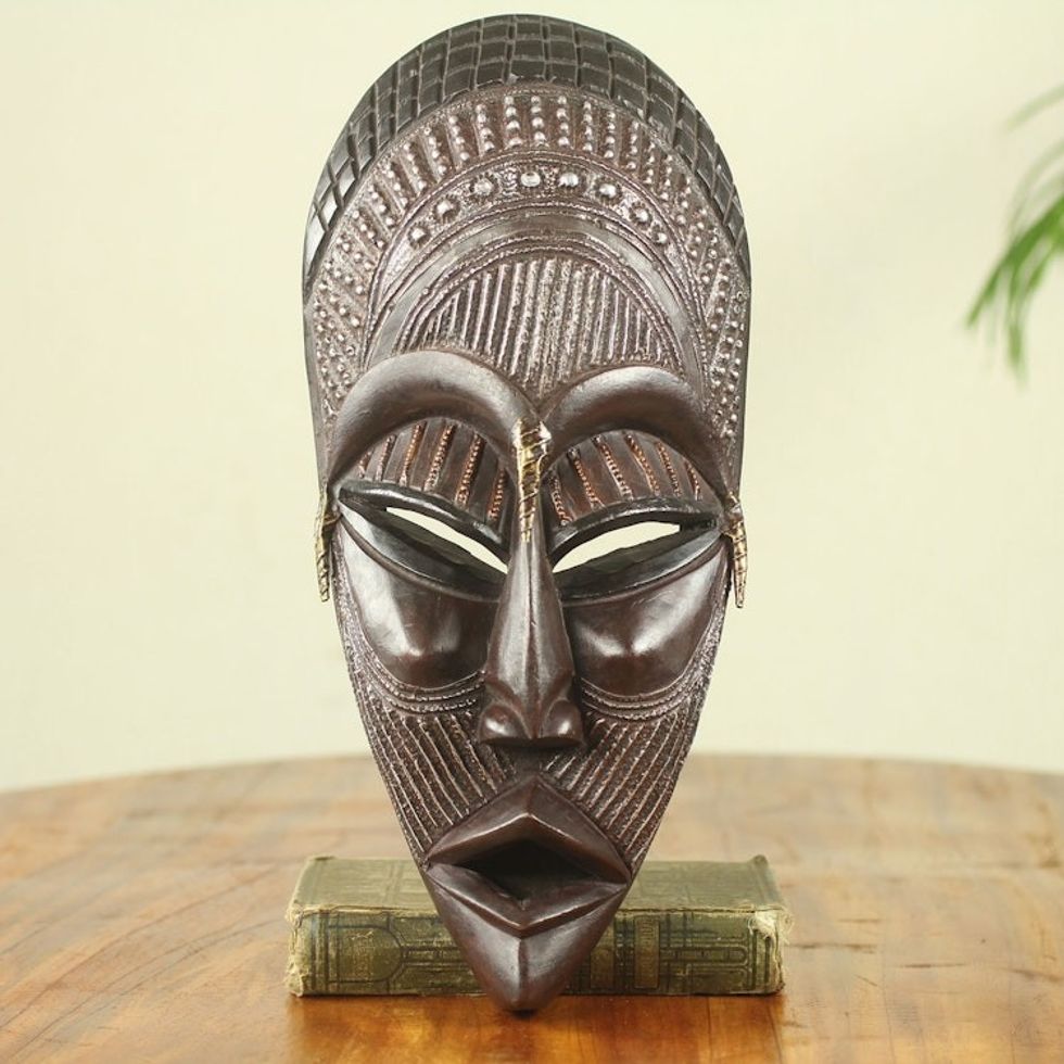 Unique Hand Crafted Wood and Metal African Mask 'Yaa Asantewa'