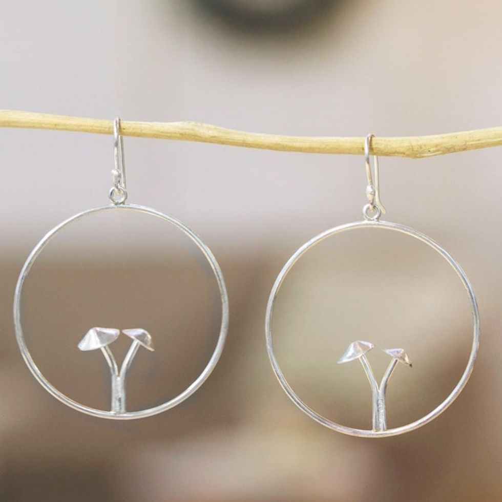 Mushroom-Themed Round Sterling Silver Dangle Earrings 'Forest Visions'